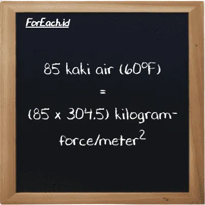 Cara konversi kaki air (60<sup>o</sup>F) ke kilogram-force/meter<sup>2</sup> (ftH2O ke kgf/m<sup>2</sup>): 85 kaki air (60<sup>o</sup>F) (ftH2O) setara dengan 85 dikalikan dengan 304.5 kilogram-force/meter<sup>2</sup> (kgf/m<sup>2</sup>)